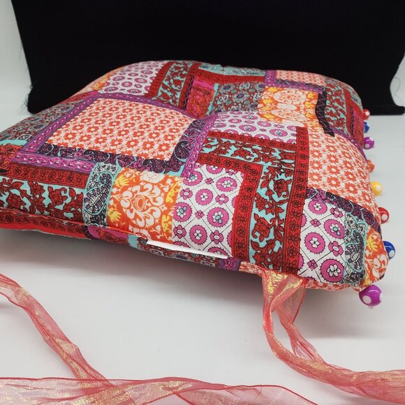 Boho Colorful Patchwork Chair Square Pillow With Ribbon Ties & Beaded Trim - Picture 6 of 6